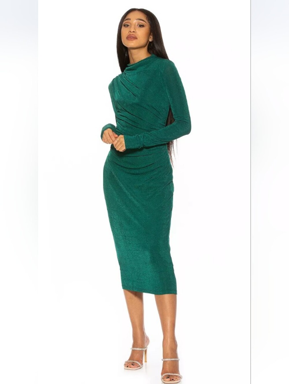 Alexia Admor - Emerald Green Long Sleeve Ruched Midi Dress with Slight Sparkle